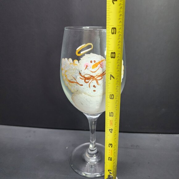 Hand Painted Snowman Angel Clear Stemmed Wine Glass 9'' Tall - Picture 6 of 6
